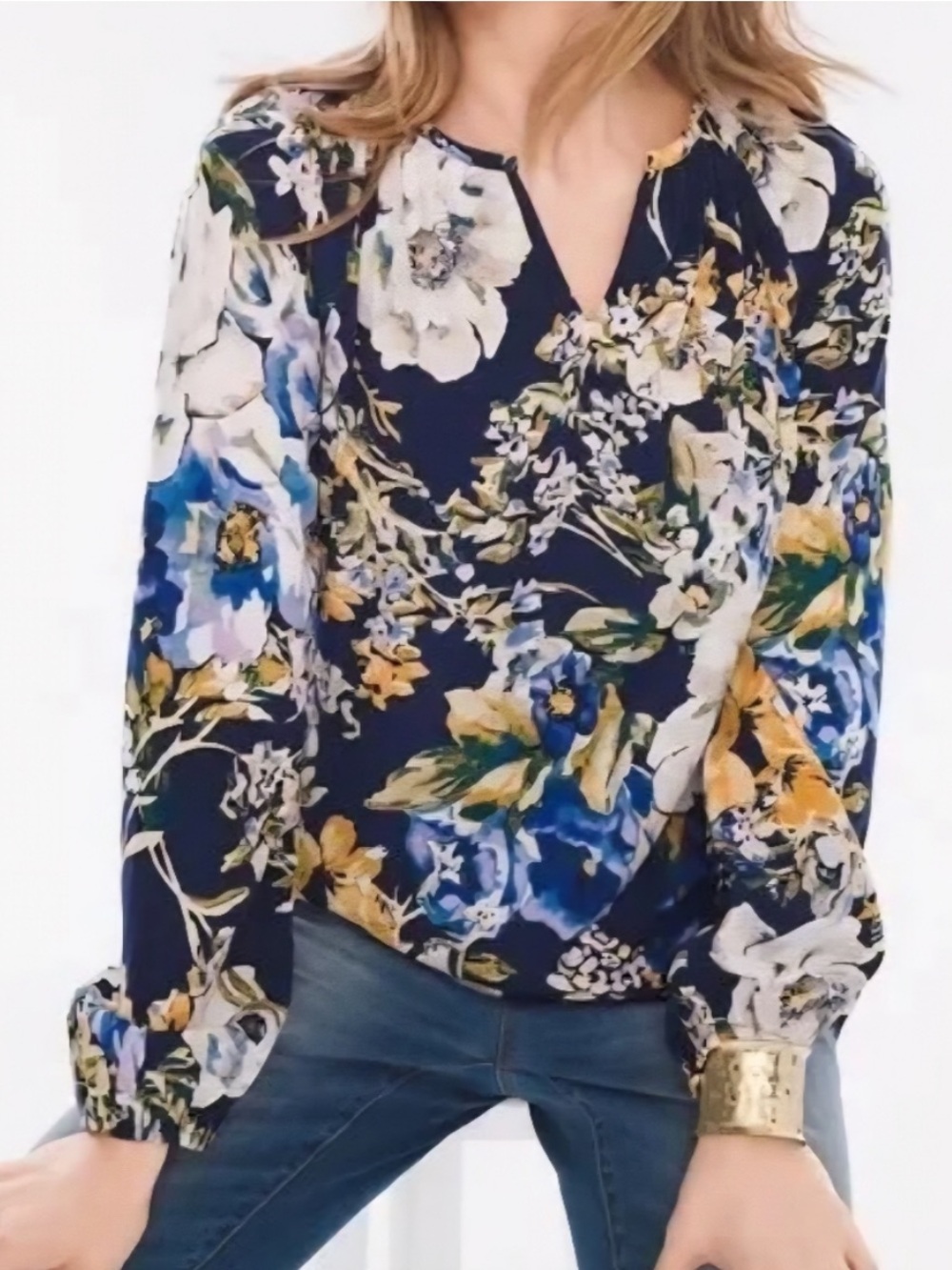 Chico's navy blue floral blouse split neck 3/4 long sleeves 0p=Small Petite